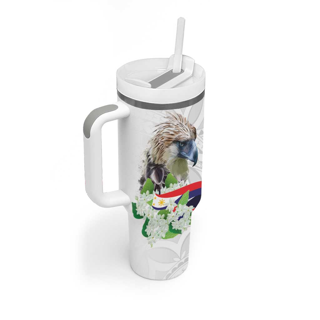 Philippines Eagle and Sampaguita Flowers Tumbler With Handle Polynesian Pattern - Wonder Print Shop