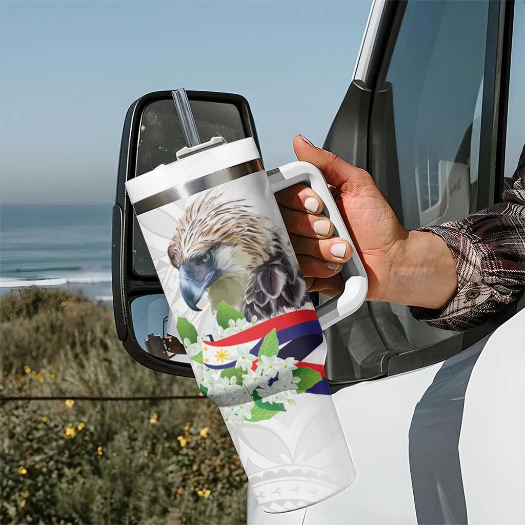 Philippines Eagle and Sampaguita Flowers Tumbler With Handle Polynesian Pattern - Wonder Print Shop