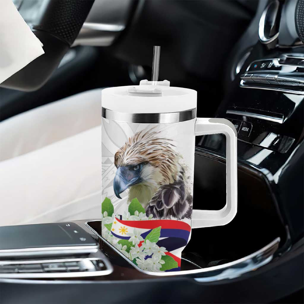 Philippines Eagle and Sampaguita Flowers Tumbler With Handle Polynesian Pattern - Wonder Print Shop