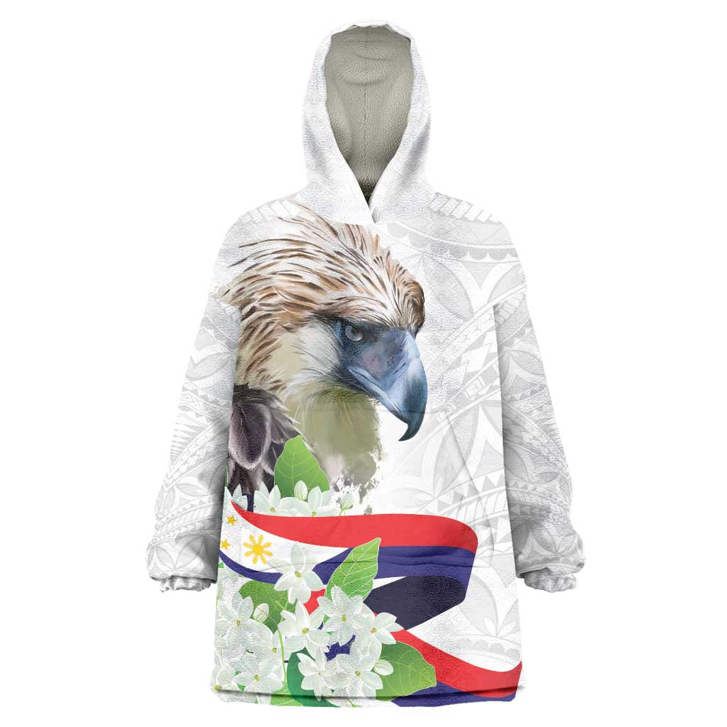 Philippines Eagle and Sampaguita Flowers Wearable Blanket Hoodie Polynesian Pattern - Wonder Print Shop