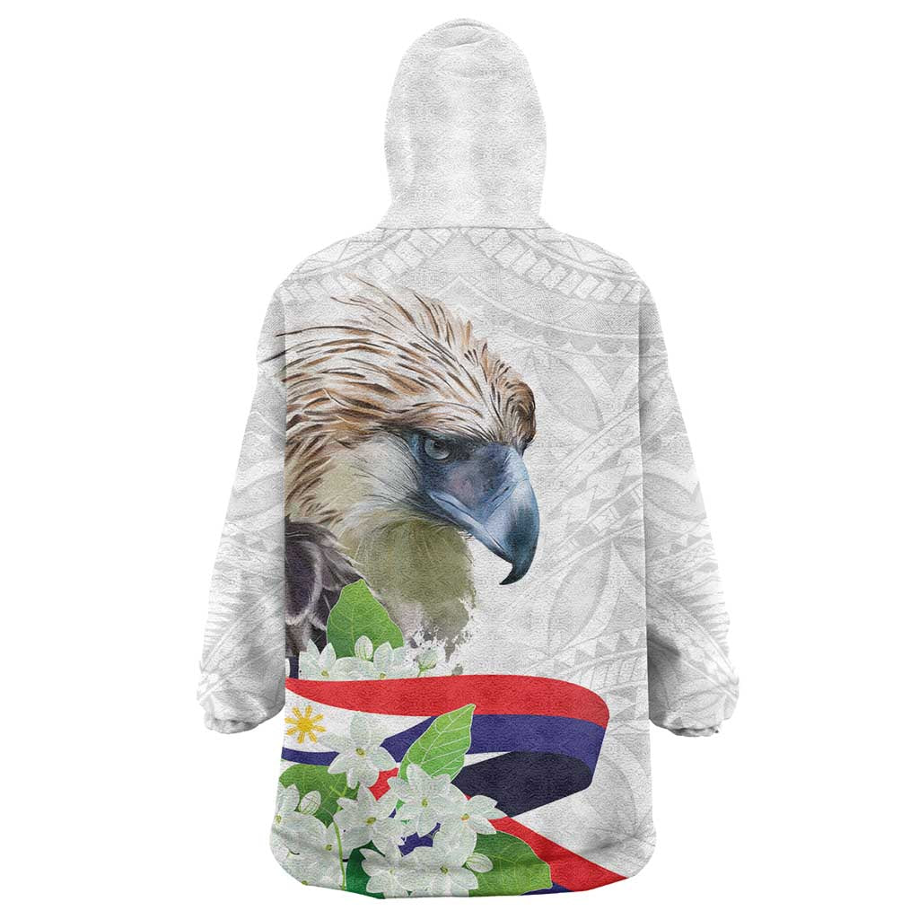 Philippines Eagle and Sampaguita Flowers Wearable Blanket Hoodie Polynesian Pattern - Wonder Print Shop