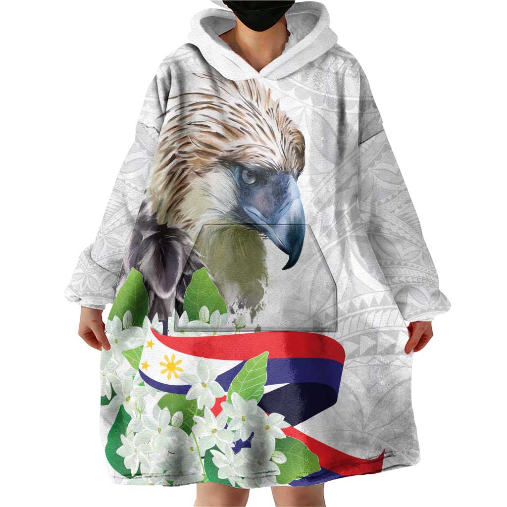 Philippines Eagle and Sampaguita Flowers Wearable Blanket Hoodie Polynesian Pattern - Wonder Print Shop