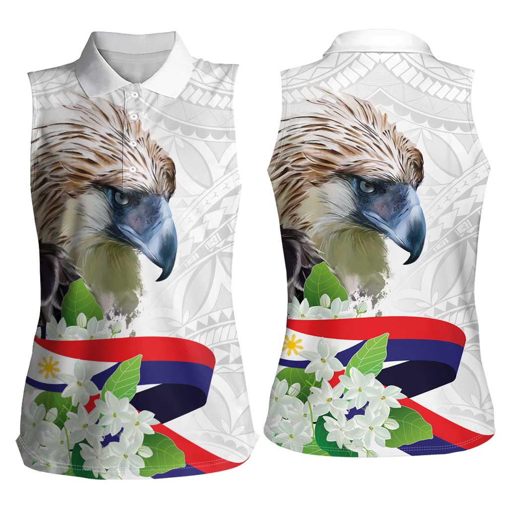 Philippines Eagle and Sampaguita Flowers Women Sleeveless Polo Shirt Polynesian Pattern - Wonder Print Shop