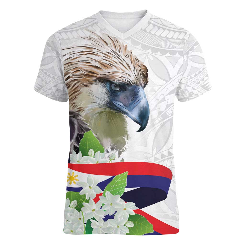 Philippines Eagle and Sampaguita Flowers Women V-Neck T-Shirt Polynesian Pattern - Wonder Print Shop