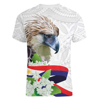 Philippines Eagle and Sampaguita Flowers Women V-Neck T-Shirt Polynesian Pattern - Wonder Print Shop