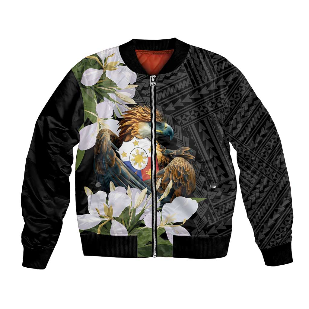 Philippines Eagle with Coat Of Arm Bomber Jacket Simple Sampaguita Jasmine LT9 - Wonder Print Shop