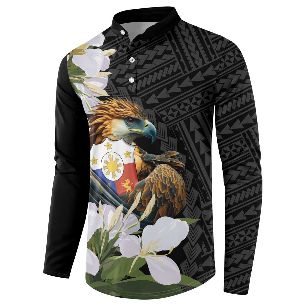 Philippines Eagle with Coat Of Arm Button Sweatshirt Simple Sampaguita Jasmine LT9 - Wonder Print Shop