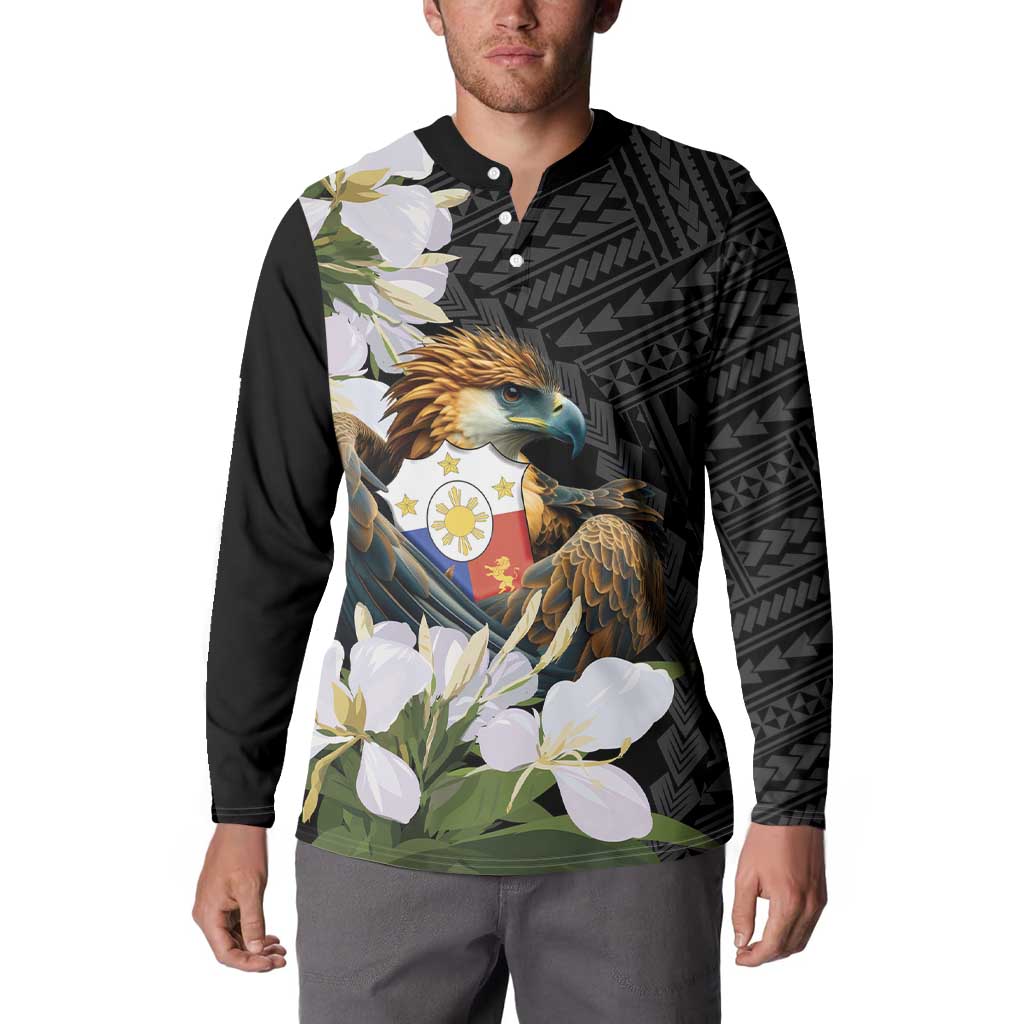 Philippines Eagle with Coat Of Arm Button Sweatshirt Simple Sampaguita Jasmine LT9 - Wonder Print Shop