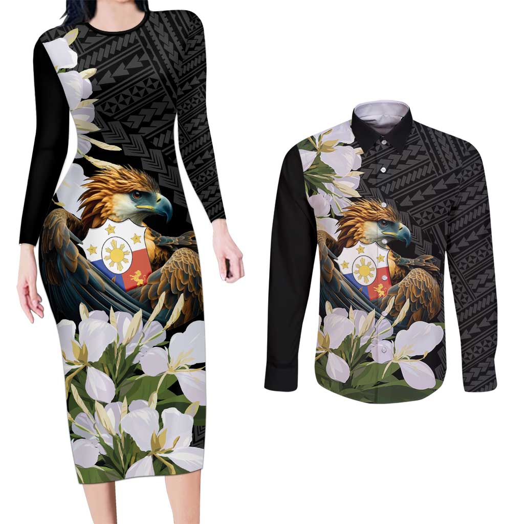 Philippines Eagle with Coat Of Arm Couples Matching Long Sleeve Bodycon Dress and Long Sleeve Button Shirt Simple Sampaguita Jasmine LT9 - Wonder Print Shop