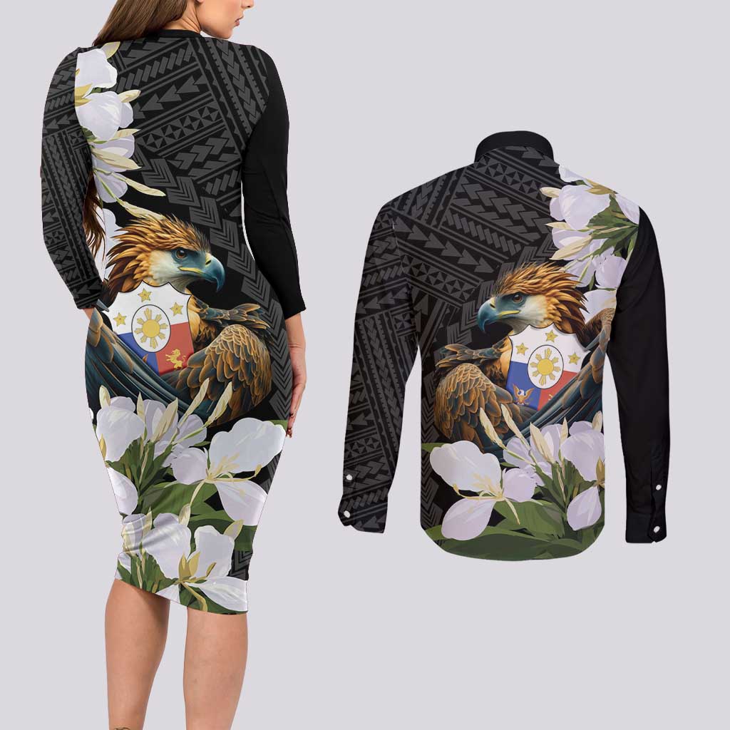 Philippines Eagle with Coat Of Arm Couples Matching Long Sleeve Bodycon Dress and Long Sleeve Button Shirt Simple Sampaguita Jasmine LT9 - Wonder Print Shop