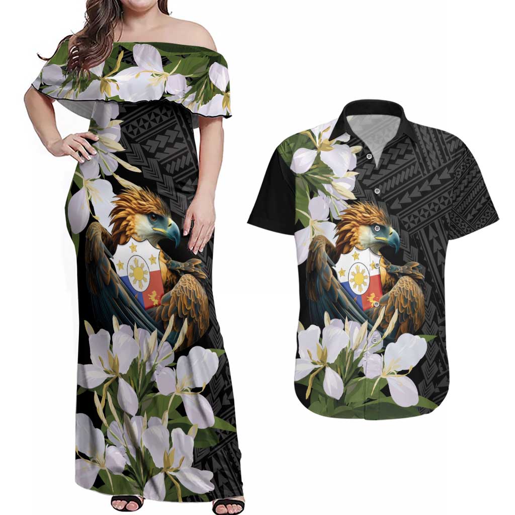 Philippines Eagle with Coat Of Arm Couples Matching Off Shoulder Maxi Dress and Hawaiian Shirt Simple Sampaguita Jasmine LT9 - Wonder Print Shop