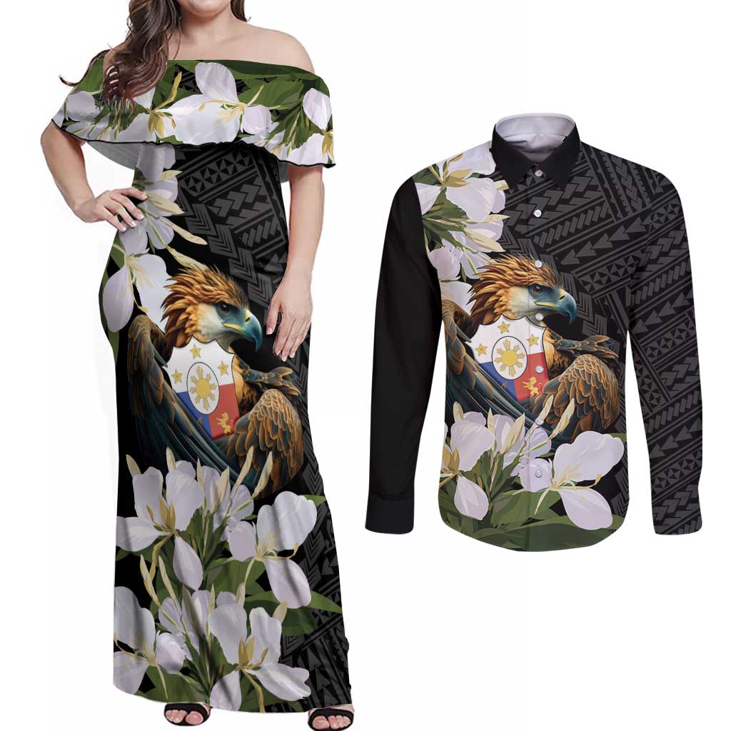 Philippines Eagle with Coat Of Arm Couples Matching Off Shoulder Maxi Dress and Long Sleeve Button Shirt Simple Sampaguita Jasmine LT9 - Wonder Print Shop
