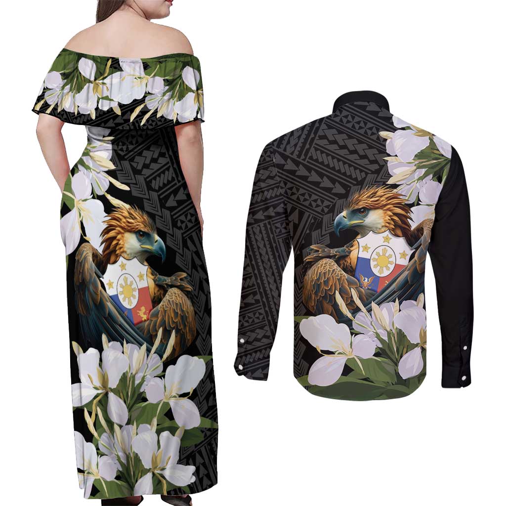 Philippines Eagle with Coat Of Arm Couples Matching Off Shoulder Maxi Dress and Long Sleeve Button Shirt Simple Sampaguita Jasmine LT9 - Wonder Print Shop