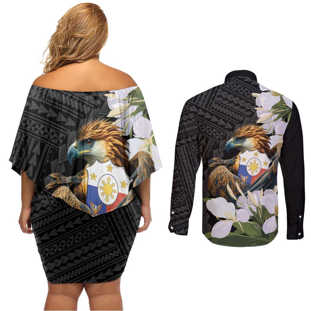 Philippines Eagle with Coat Of Arm Couples Matching Off Shoulder Short Dress and Long Sleeve Button Shirt Simple Sampaguita Jasmine LT9 - Wonder Print Shop