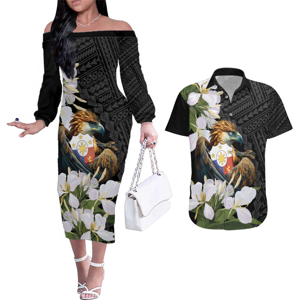 Philippines Eagle with Coat Of Arm Couples Matching Off The Shoulder Long Sleeve Dress and Hawaiian Shirt Simple Sampaguita Jasmine LT9 - Wonder Print Shop