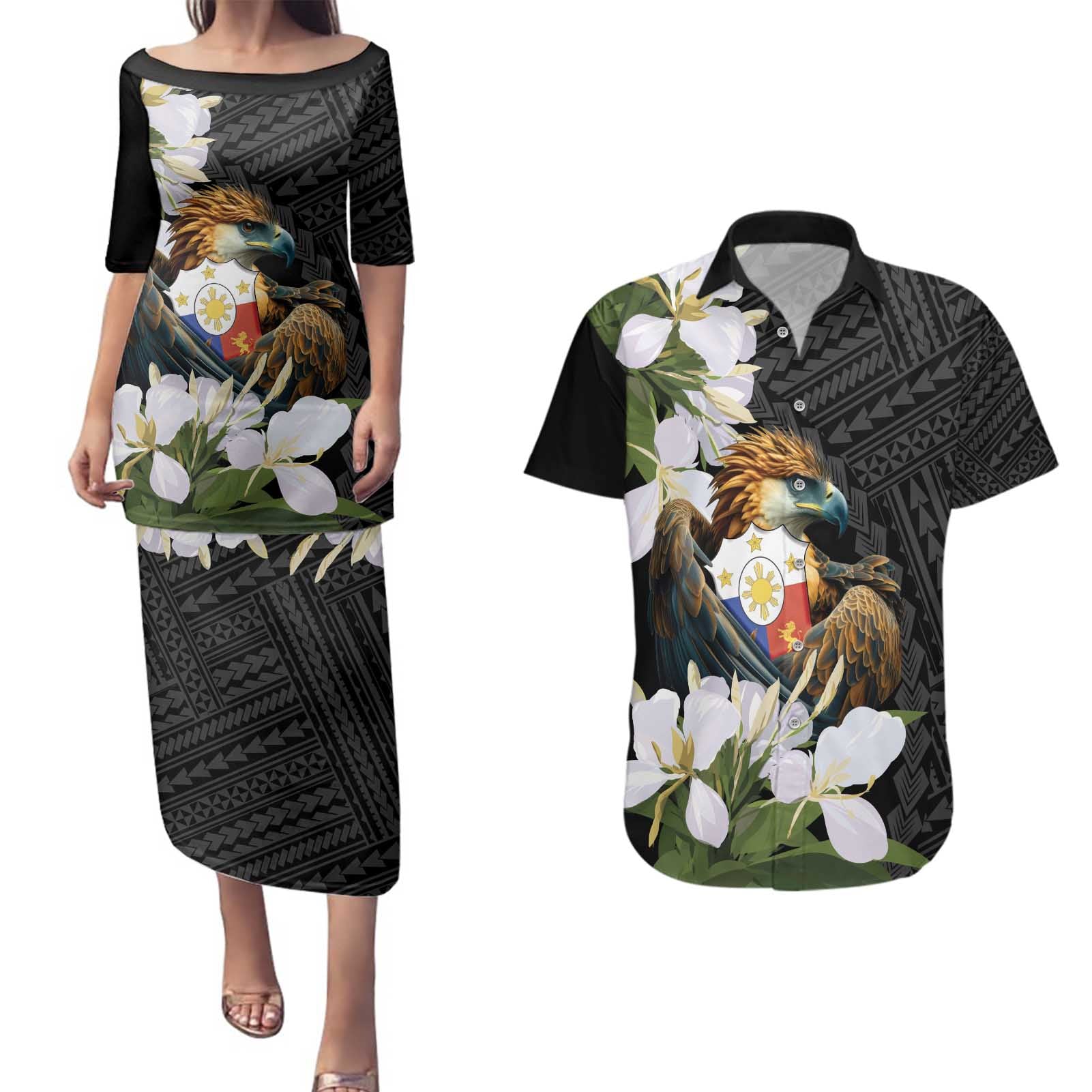 Philippines Eagle with Coat Of Arm Couples Matching Puletasi and Hawaiian Shirt Simple Sampaguita Jasmine LT9 - Wonder Print Shop