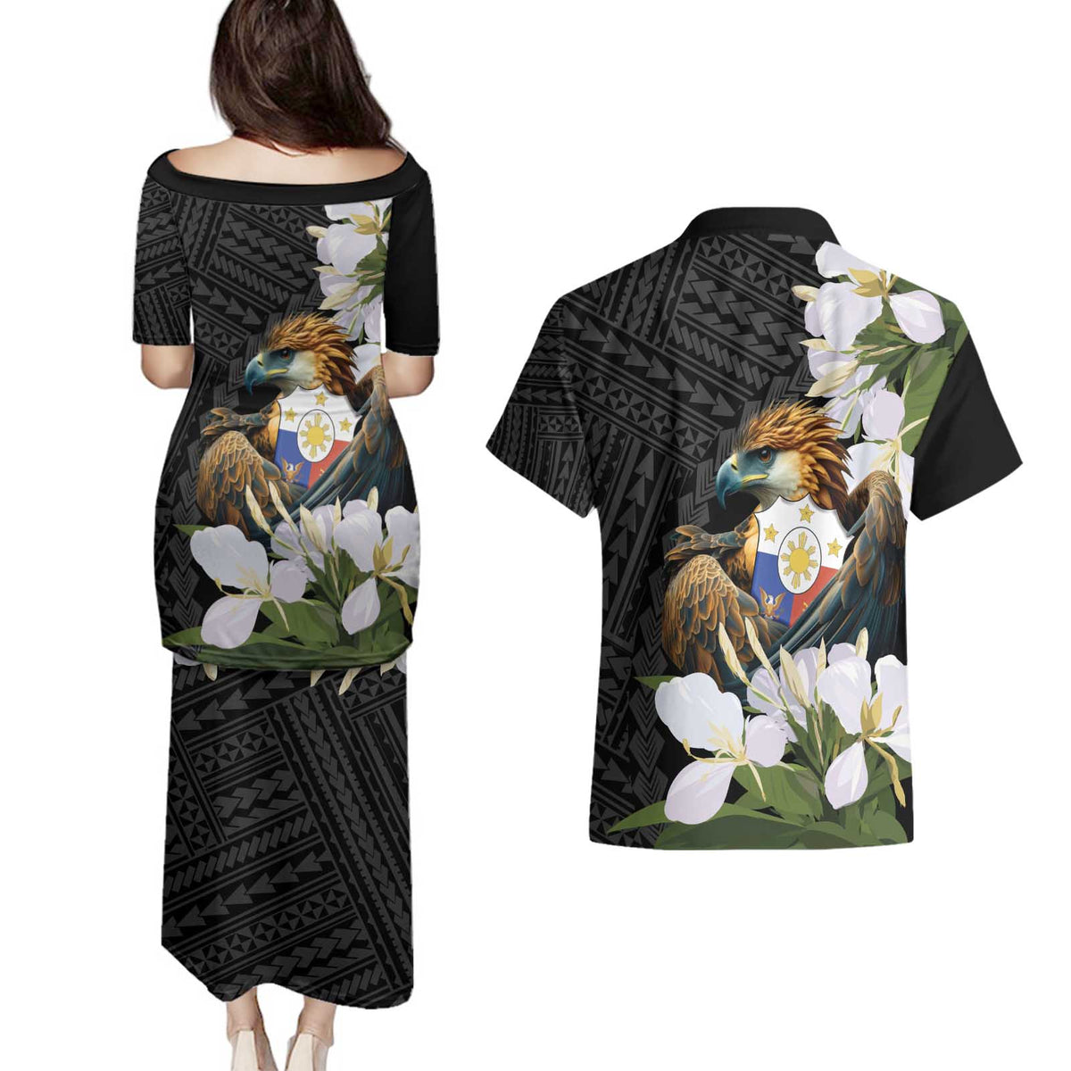 Philippines Eagle with Coat Of Arm Couples Matching Puletasi and Hawaiian Shirt Simple Sampaguita Jasmine LT9 - Wonder Print Shop