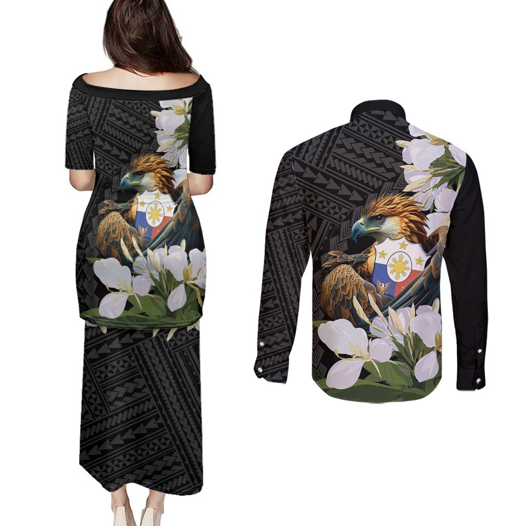 Philippines Eagle with Coat Of Arm Couples Matching Puletasi and Long Sleeve Button Shirt Simple Sampaguita Jasmine LT9 - Wonder Print Shop