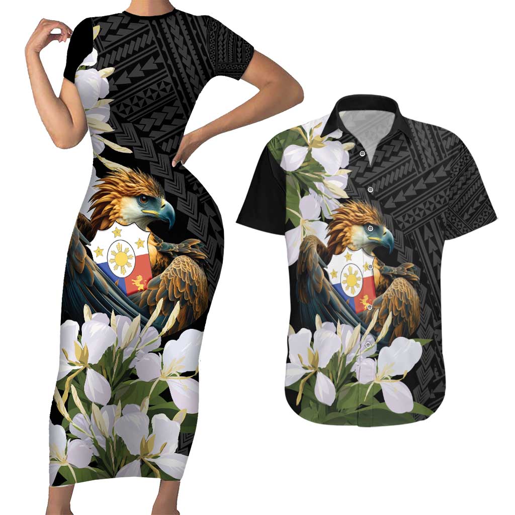 Philippines Eagle with Coat Of Arm Couples Matching Short Sleeve Bodycon Dress and Hawaiian Shirt Simple Sampaguita Jasmine LT9 - Wonder Print Shop
