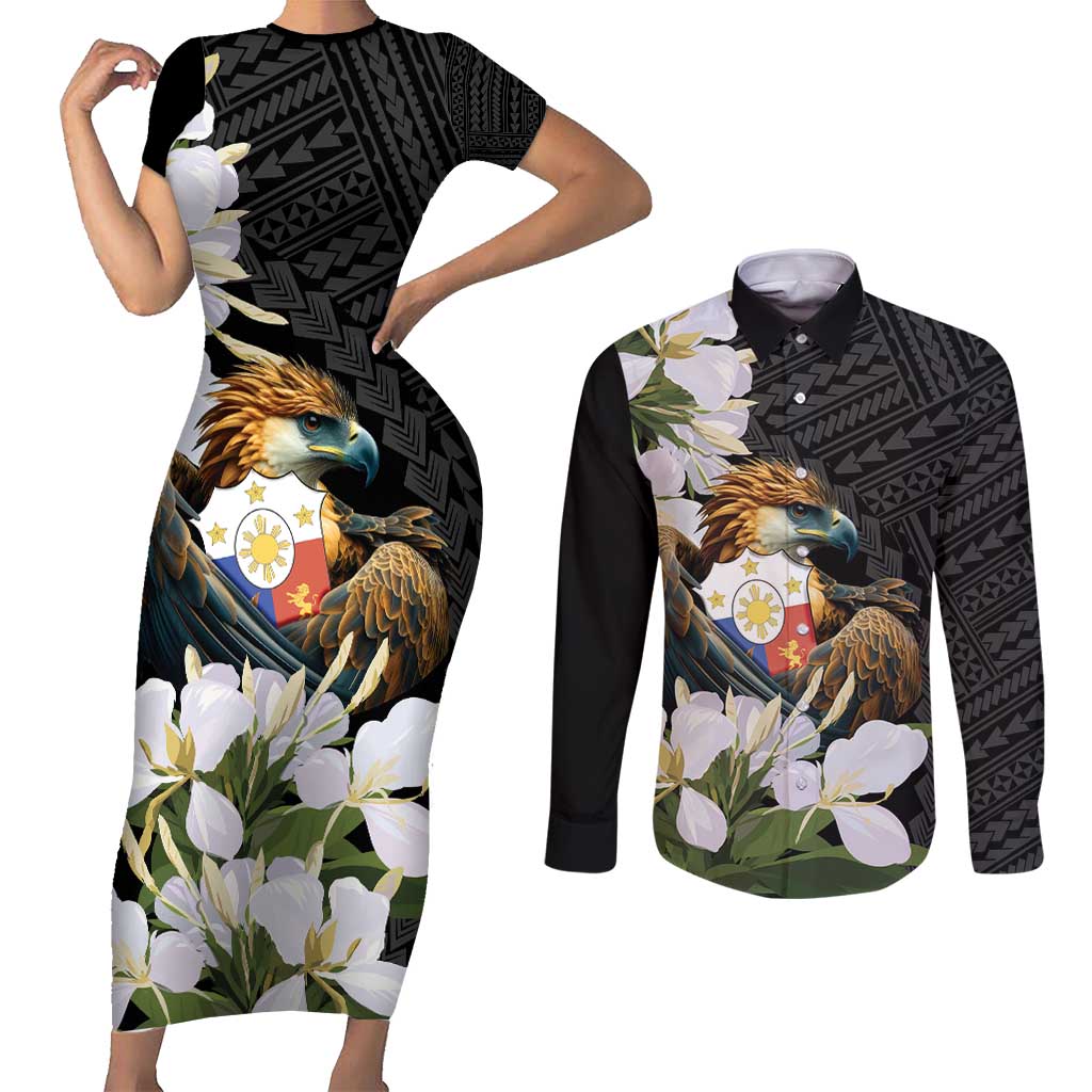 Philippines Eagle with Coat Of Arm Couples Matching Short Sleeve Bodycon Dress and Long Sleeve Button Shirt Simple Sampaguita Jasmine LT9 - Wonder Print Shop