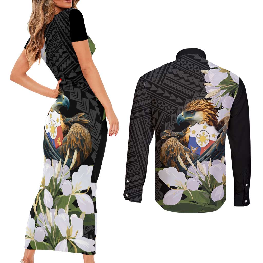 Philippines Eagle with Coat Of Arm Couples Matching Short Sleeve Bodycon Dress and Long Sleeve Button Shirt Simple Sampaguita Jasmine LT9 - Wonder Print Shop