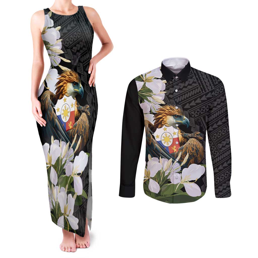Philippines Eagle with Coat Of Arm Couples Matching Tank Maxi Dress and Long Sleeve Button Shirt Simple Sampaguita Jasmine LT9 - Wonder Print Shop