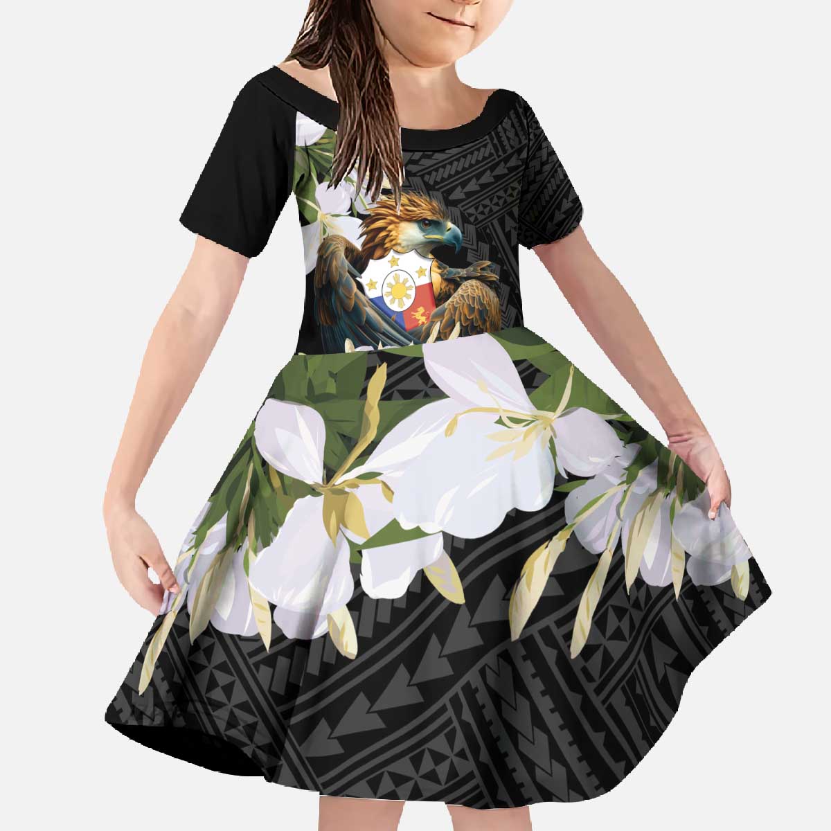 Philippines Eagle with Coat Of Arm Family Matching Off The Shoulder Long Sleeve Dress and Hawaiian Shirt Simple Sampaguita Jasmine - Wonder Print Shop
