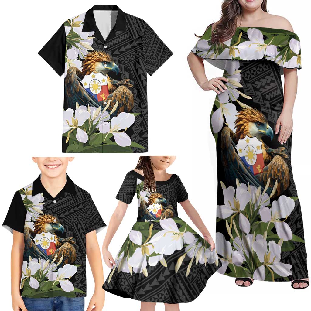Philippines Eagle with Coat Of Arm Family Matching Off Shoulder Maxi Dress and Hawaiian Shirt Simple Sampaguita Jasmine LT9 - Wonder Print Shop