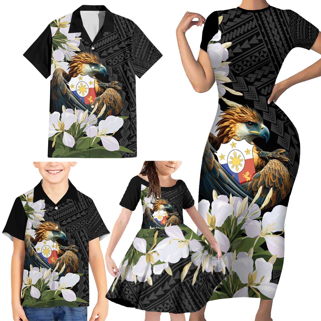Philippines Eagle with Coat Of Arm Family Matching Short Sleeve Bodycon Dress and Hawaiian Shirt Simple Sampaguita Jasmine - Wonder Print Shop
