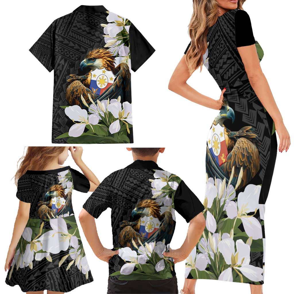Philippines Eagle with Coat Of Arm Family Matching Short Sleeve Bodycon Dress and Hawaiian Shirt Simple Sampaguita Jasmine - Wonder Print Shop