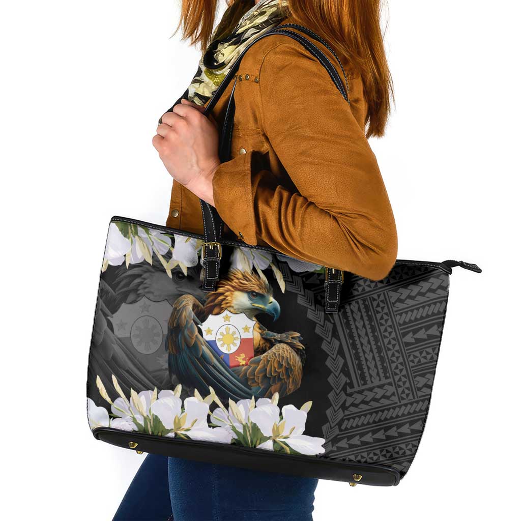 Philippines Eagle with Coat Of Arm Leather Tote Bag Simple Sampaguita Jasmine - Wonder Print Shop