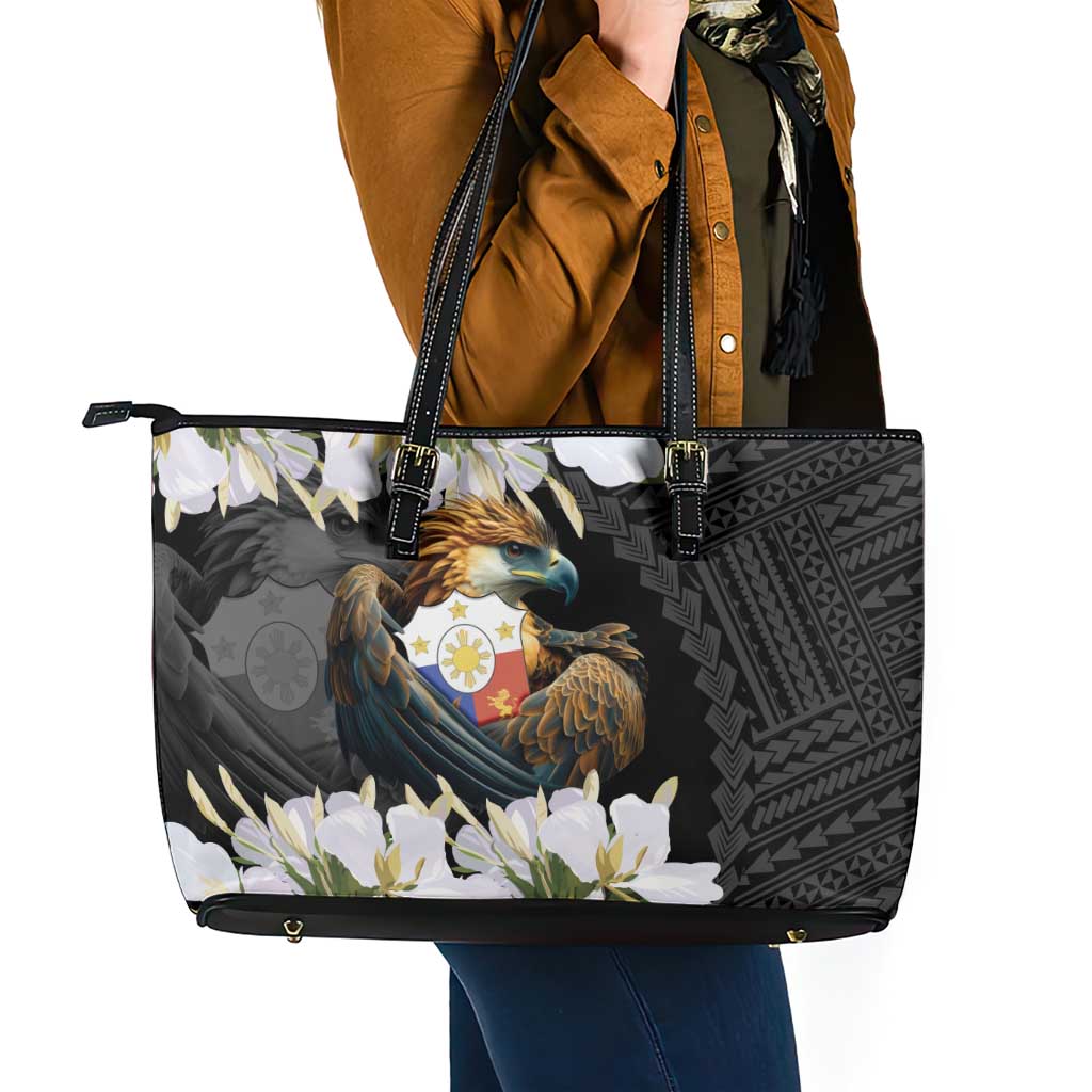 Philippines Eagle with Coat Of Arm Leather Tote Bag Simple Sampaguita Jasmine - Wonder Print Shop