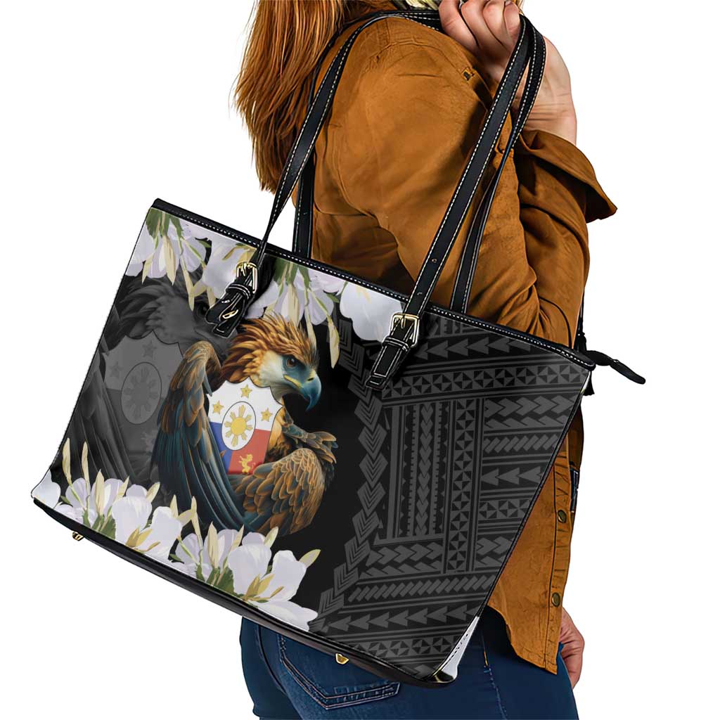 Philippines Eagle with Coat Of Arm Leather Tote Bag Simple Sampaguita Jasmine - Wonder Print Shop