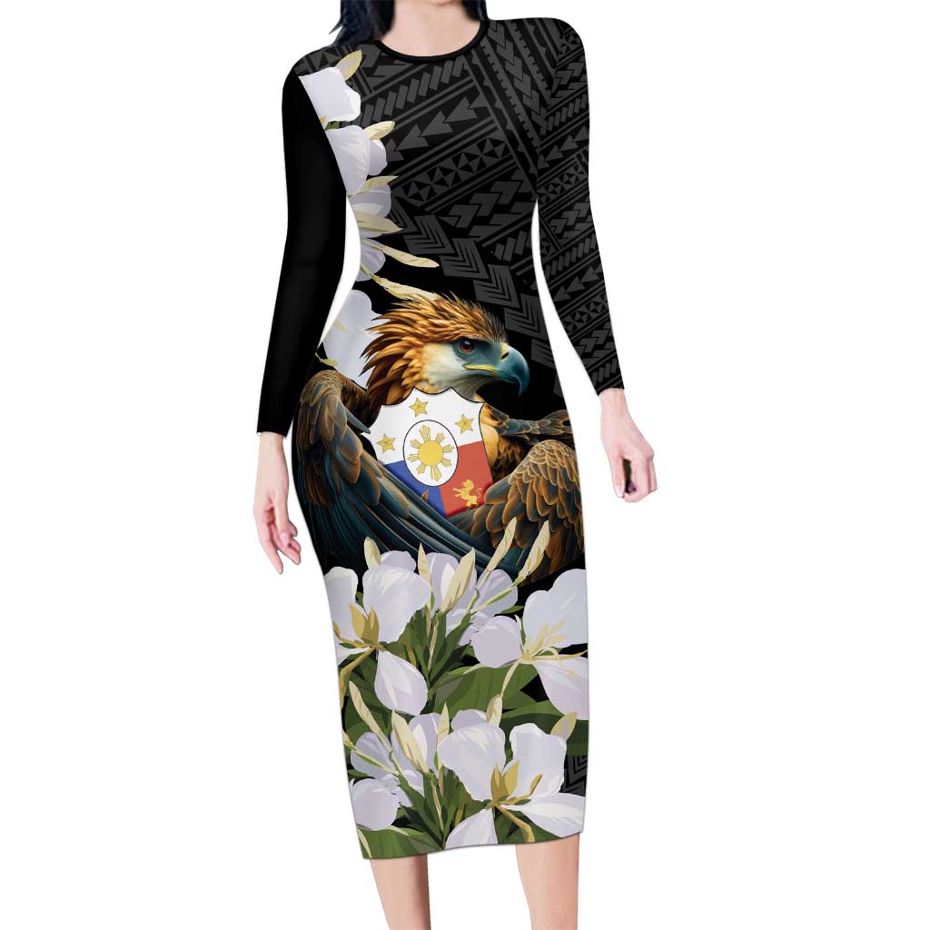 Philippines Eagle with Coat Of Arm Long Sleeve Bodycon Dress Simple Sampaguita Jasmine - Wonder Print Shop