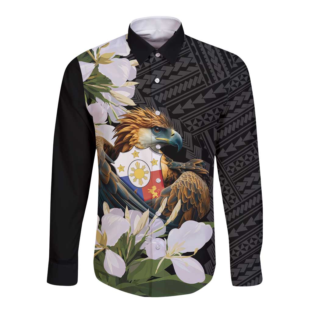Philippines Eagle with Coat Of Arm Long Sleeve Button Shirt Simple Sampaguita Jasmine - Wonder Print Shop