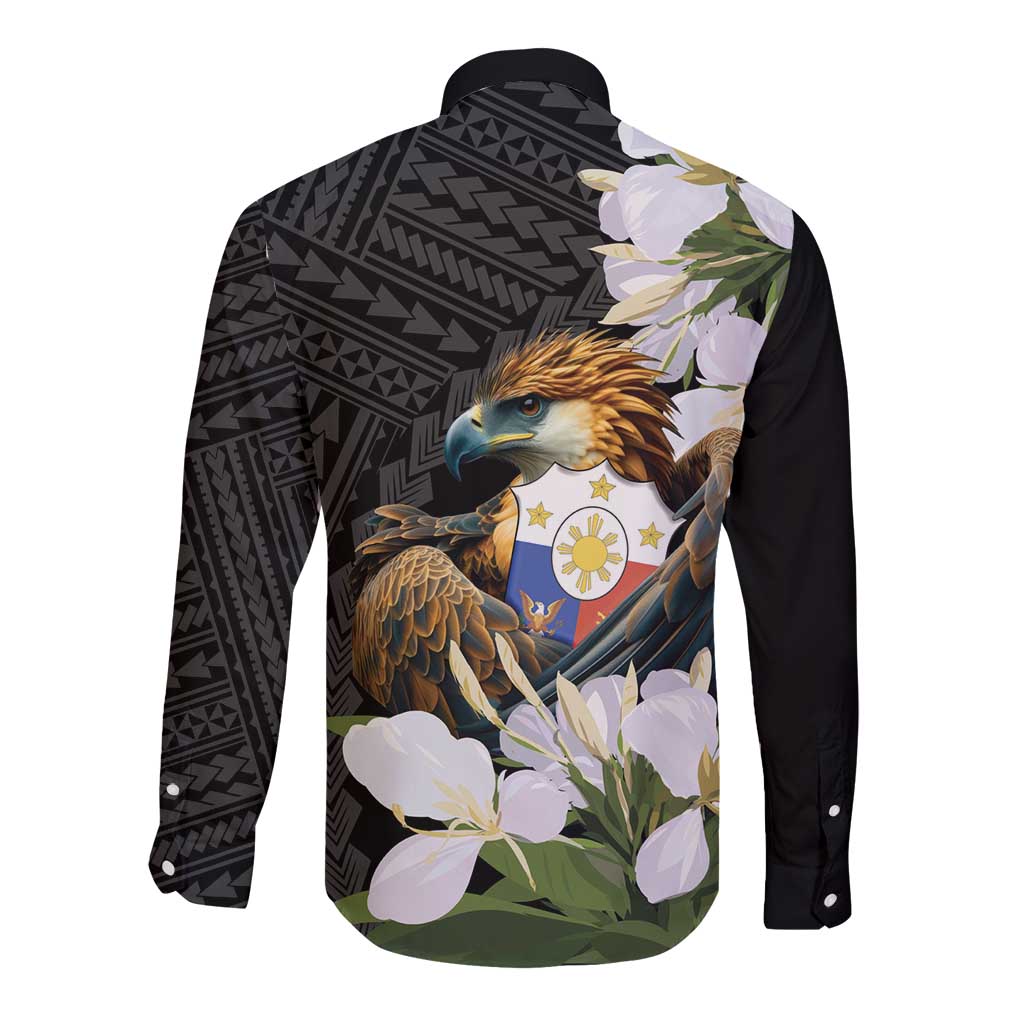 Philippines Eagle with Coat Of Arm Long Sleeve Button Shirt Simple Sampaguita Jasmine - Wonder Print Shop