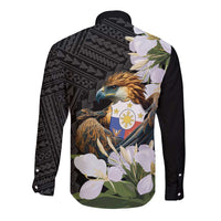 Philippines Eagle with Coat Of Arm Long Sleeve Button Shirt Simple Sampaguita Jasmine - Wonder Print Shop