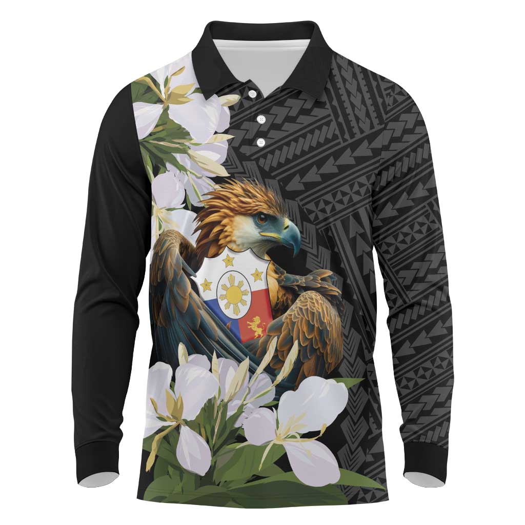 Philippines Eagle with Coat Of Arm Long Sleeve Polo Shirt Simple Sampaguita Jasmine - Wonder Print Shop