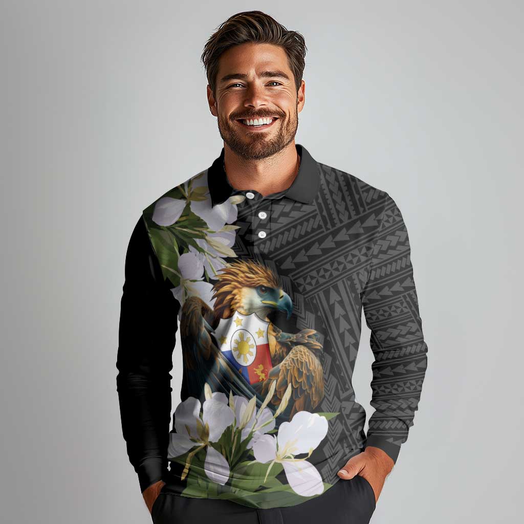 Philippines Eagle with Coat Of Arm Long Sleeve Polo Shirt Simple Sampaguita Jasmine - Wonder Print Shop