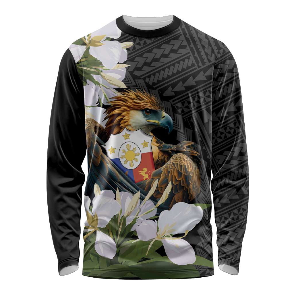 Philippines Eagle with Coat Of Arm Long Sleeve Shirt Simple Sampaguita Jasmine - Wonder Print Shop
