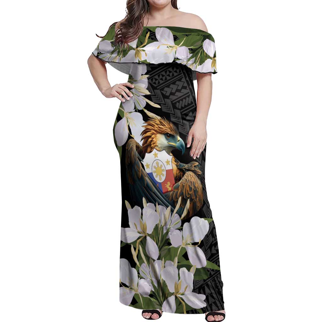 Philippines Eagle with Coat Of Arm Off Shoulder Maxi Dress Simple Sampaguita Jasmine - Wonder Print Shop