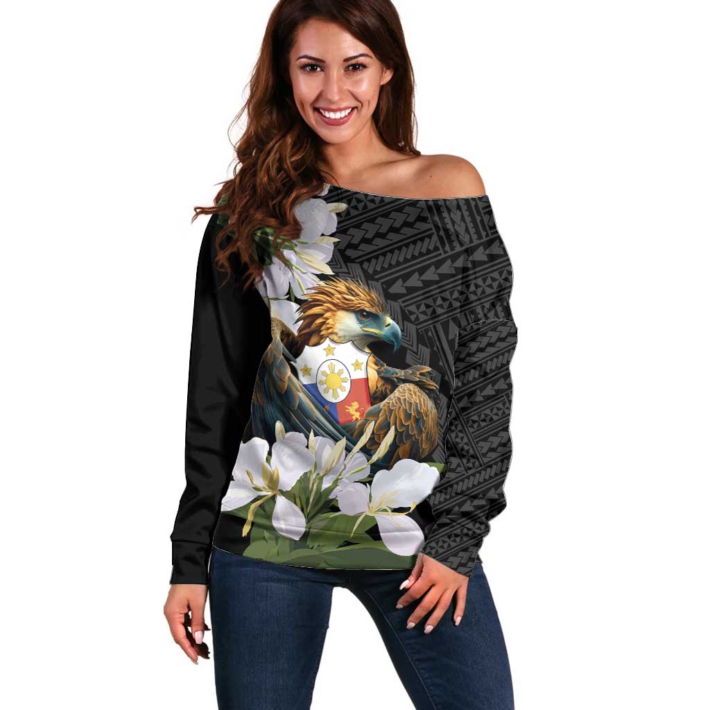 Philippines Eagle with Coat Of Arm Off Shoulder Sweater Simple Sampaguita Jasmine - Wonder Print Shop