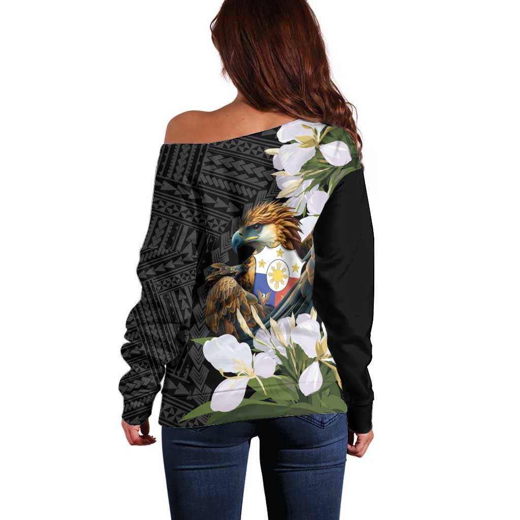 Philippines Eagle with Coat Of Arm Off Shoulder Sweater Simple Sampaguita Jasmine - Wonder Print Shop