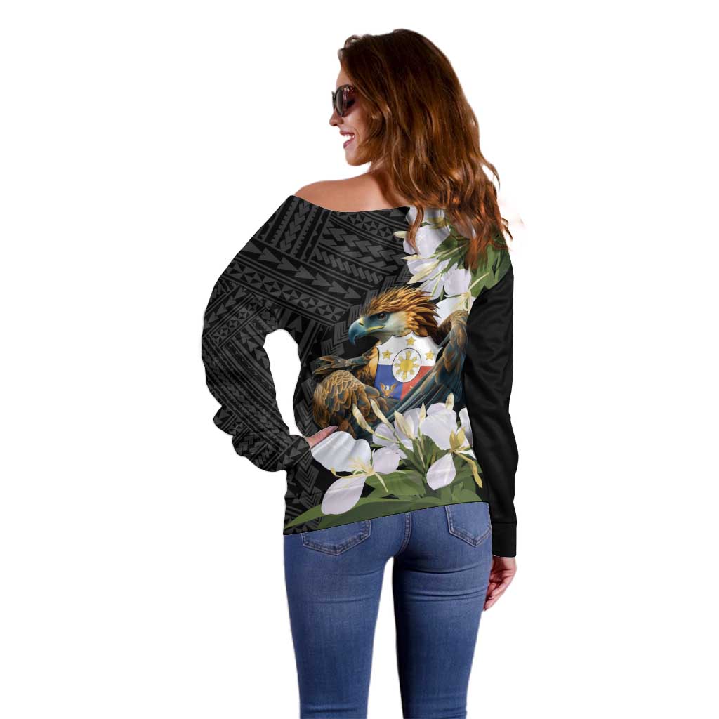 Philippines Eagle with Coat Of Arm Off Shoulder Sweater Simple Sampaguita Jasmine - Wonder Print Shop