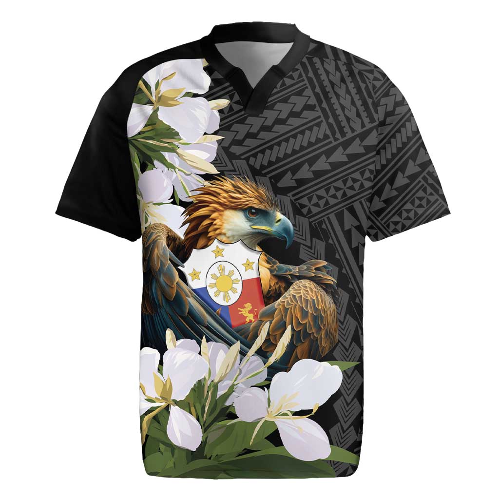 Philippines Eagle with Coat Of Arm Rugby Jersey Simple Sampaguita Jasmine - Wonder Print Shop
