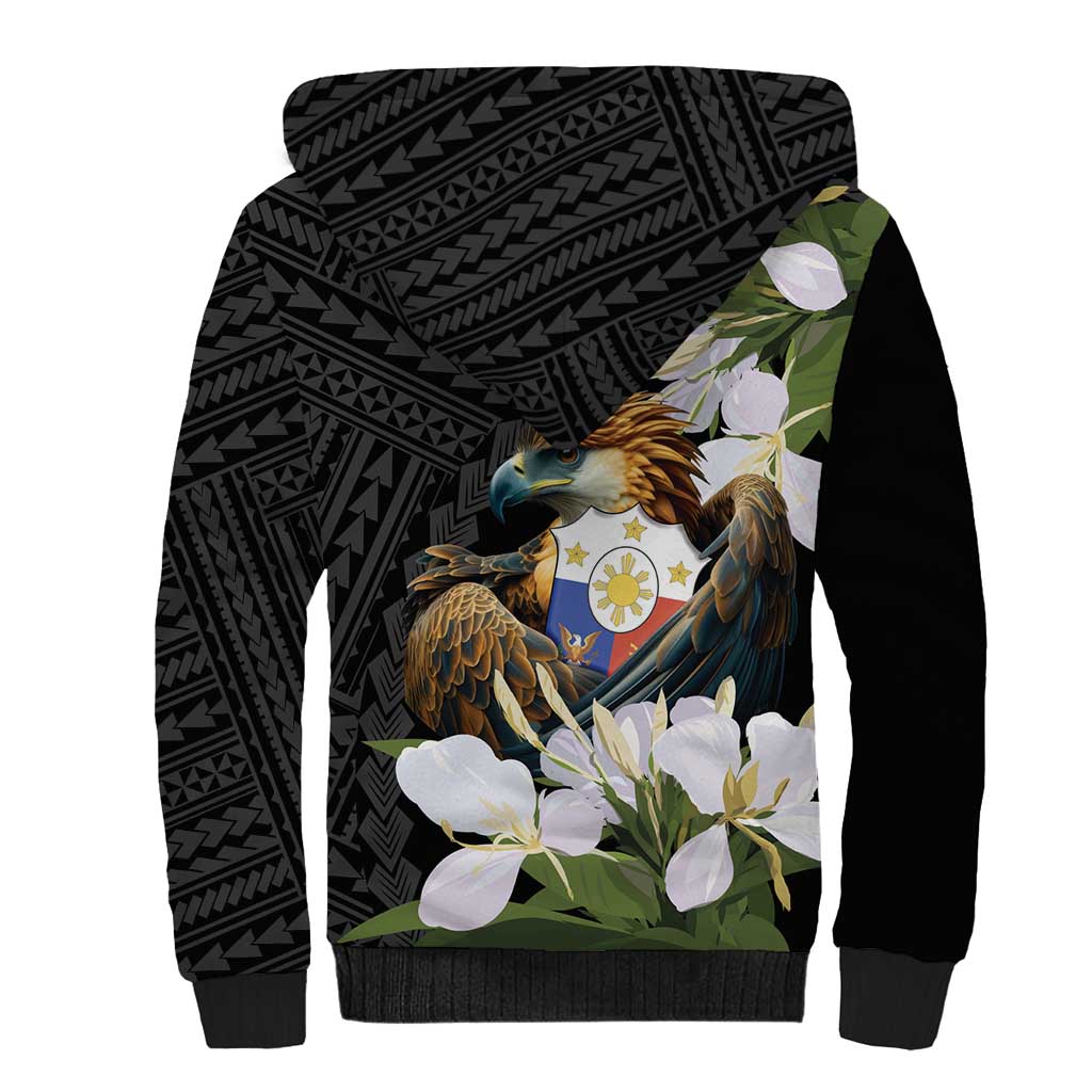 Philippines Eagle with Coat Of Arm Sherpa Hoodie Simple Sampaguita Jasmine - Wonder Print Shop