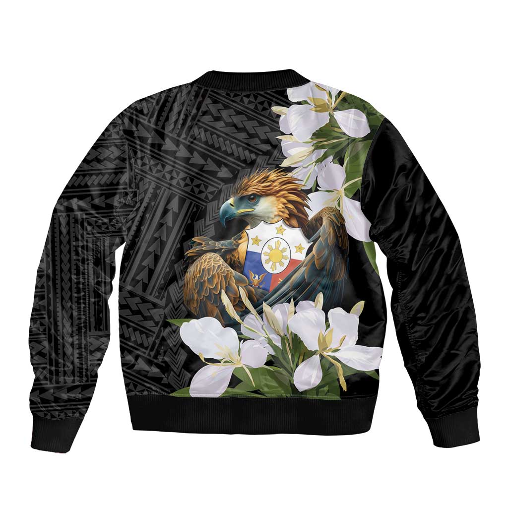Philippines Eagle with Coat Of Arm Sleeve Zip Bomber Jacket Simple Sampaguita Jasmine - Wonder Print Shop