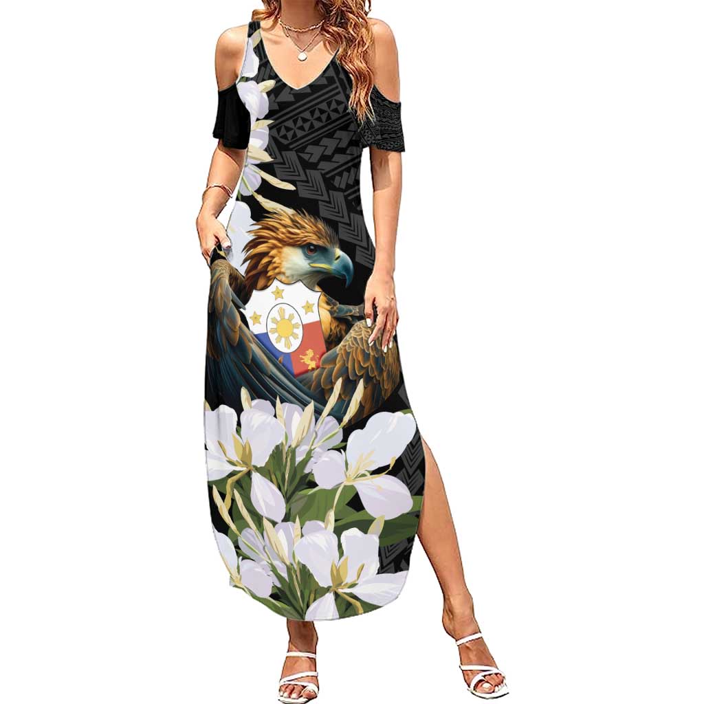 Philippines Eagle with Coat Of Arm Summer Maxi Dress Simple Sampaguita Jasmine - Wonder Print Shop