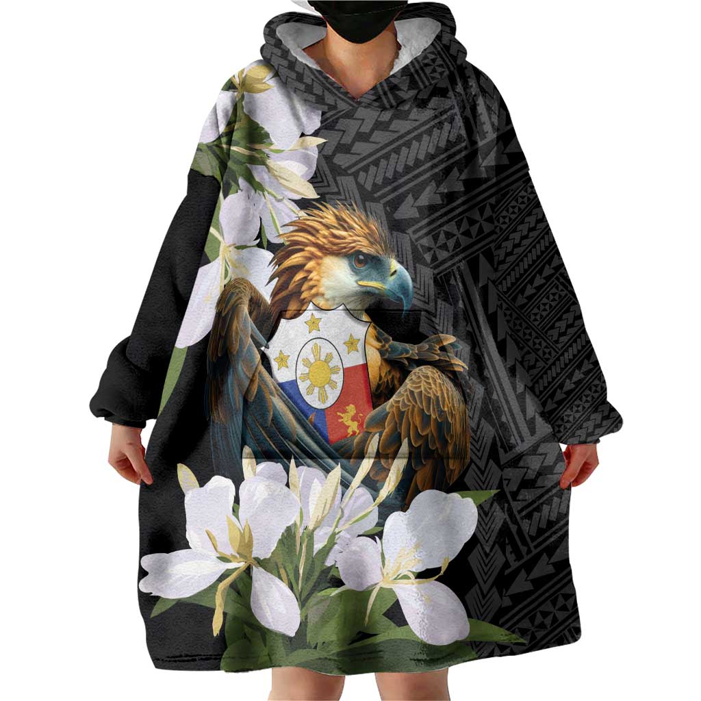 Philippines Eagle with Coat Of Arm Wearable Blanket Hoodie Simple Sampaguita Jasmine - Wonder Print Shop
