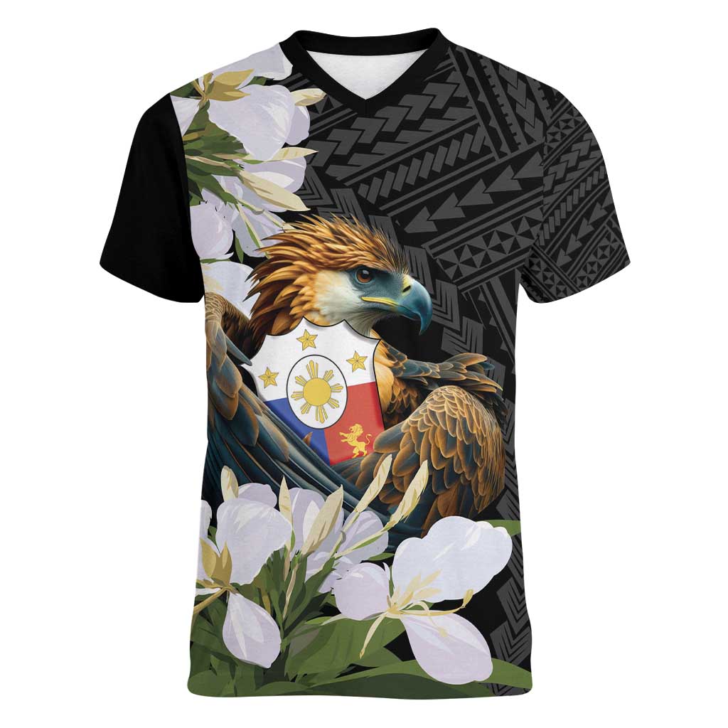 Philippines Eagle with Coat Of Arm Women V-Neck T-Shirt Simple Sampaguita Jasmine - Wonder Print Shop